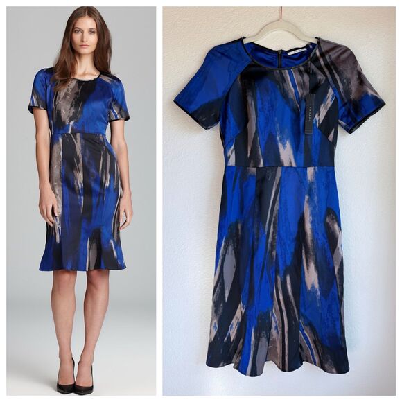 NWT T Tahari Women's Zahara Short Sleeve Abstract Print Dress in Brilliant Blue - Picture 1 of 13
